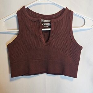 Ribbed Crop‎ Tank Top Brown Red Racerback Sleeveless Keyhole Casual Basic Womens